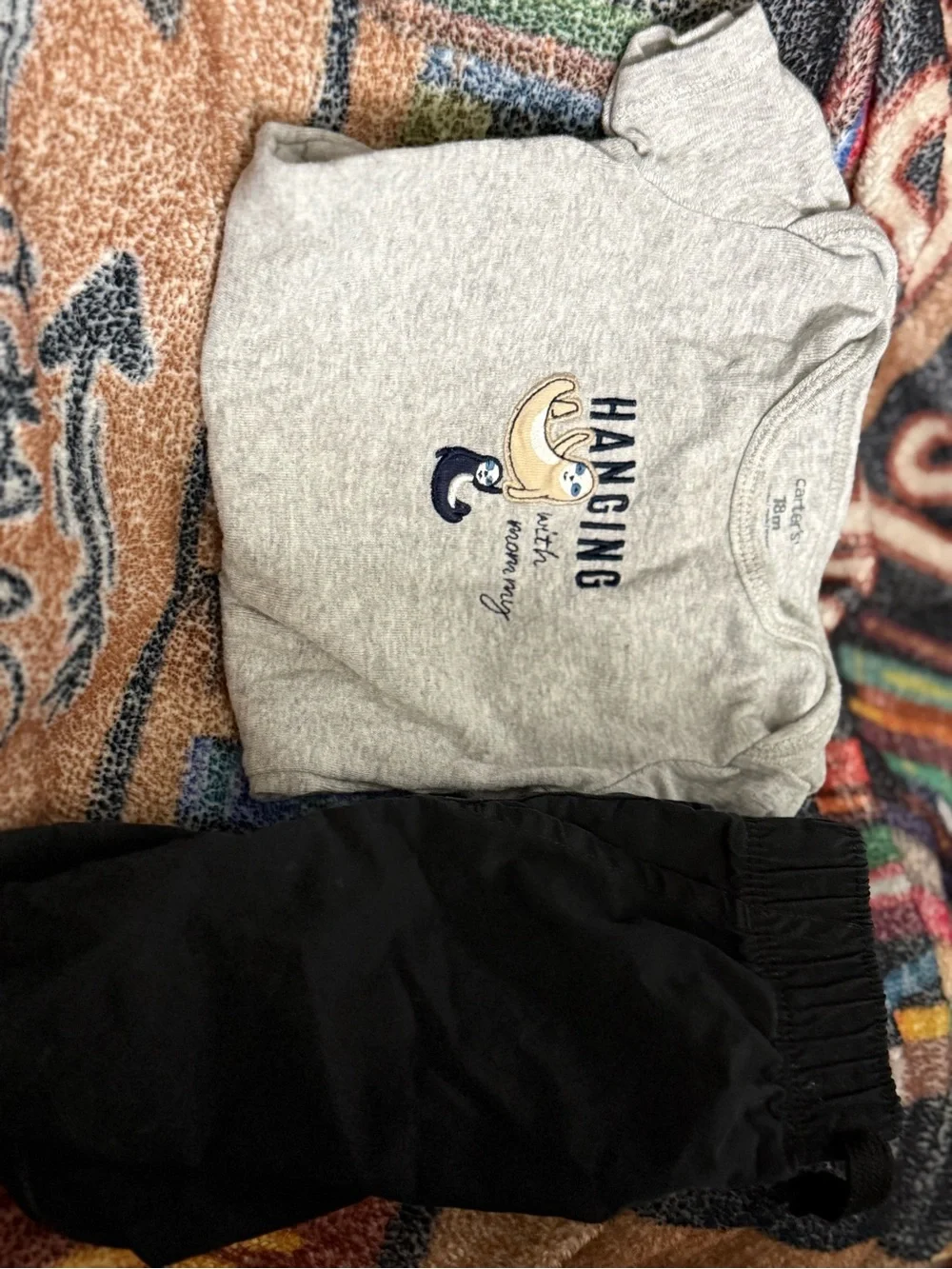 Carter's Grey Sloth Graphic Top with Black Jogger Bottoms